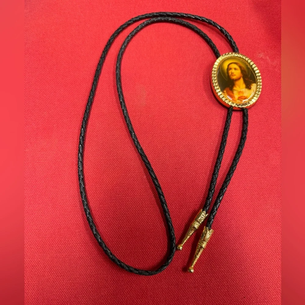 Bolo Tie Goldtone Framed Jesus Goldtone Metal Decorative Tips Black Cord